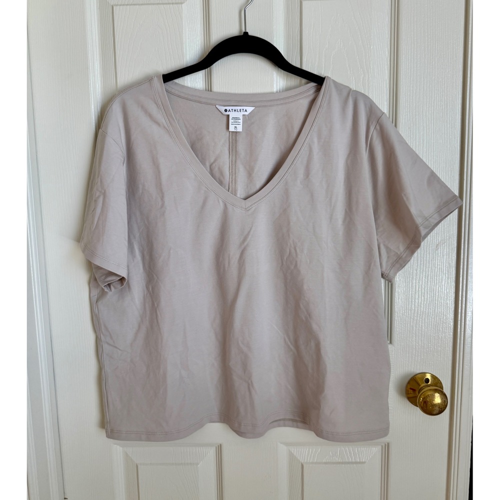Athleta Womens Supima Cotton V-Neck Short Sleeve Tee Beige XL